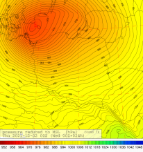 Mapa ciśnienia zredukowanego do poziomu morza 02.12.2021 r. o godzinie 00 UTC wg modelu Cosmo 7k.