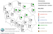 Prognoza średniej miesięcznej temperatury powietrza i miesięcznej sumy opadów atmosferycznych na maj 2022 r. dla wybranych miast w Polsce.