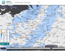 Prognoza opadów śniegu oraz kierunek wiatru w czwartek 20.01.2022 r. o godz. 9:00 wg modelu Alaro 4k. | https://meteo.imgw.pl/