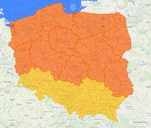 Mapa ostrzeżeń meteorologicznych 1° i 2° - silny wiatr