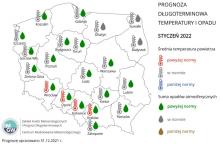 Rys. 1. Prognoza średniej miesięcznej temperatury powietrza i miesięcznej sumy opadów atmosferycznych na styczeń 2022 r. dla wybranych miast w Polsce