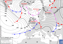 Prognoza sytuacji barycznej z imionami niżów na piątek 18.02.2022 godz. 12:00 UTC (13:00 cz. Lokalnego)