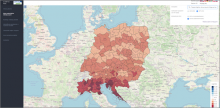 TOOLBOX CC-ARP-CE – przykład obrazowania wyników wskaźników klimatycznych – noce tropikalne: wyniki dla scenariusza RCP.8.5 w dalszej perspektywie czasowej (2071-2100) (TR – Troplical Nights).