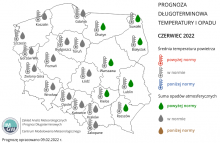 Rys. 4. Prognoza średniej miesięcznej temperatury powietrza i miesięcznej sumy opadów atmosferycznych na czerwiec 2022 r. dla wybranych miast w Polsce