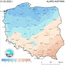 Anomalia prognozy TMIN (model ALARO, 31.03.2022) względem notowanych charakterystyk wieloletnich (1991-2020): ALARO-AVETMIN – ALARO – wartość średnia TMIN