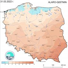 Anomalia prognozy TMIN (model ALARO, 31.03.2022) względem notowanych charakterystyk wieloletnich (1991-2020): ALARO-AVETMIN ALARO-Q05TMIN – ALARO – kwantyl 5% TMIN 