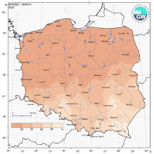 Przestrzenny rozkład anomalii sumy opadów w marcu 2022 r. w stosunku do normy (tj. średniej miesięcznej wartości wieloletniej elementu w okresie 1991-2020).