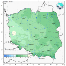 Przestrzenny rozkład średniej miesięcznej temperatury powietrza w marcu 2022 r.