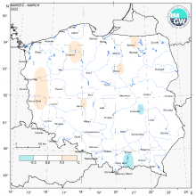 Przestrzenny rozkład anomalii średniej miesięcznej temperatury powietrza w marcu 2022 r. w stosunku do normy (tj. średniej miesięcznej wartości wieloletniej elementu w okresie 1991-2020).