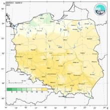 Przestrzenny rozkład wartości kwantyla 95% maksymalnej temperatury powietrza w marcu 2022 r.