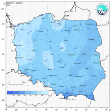 Przestrzenny rozkład wartości kwantyla 5% minimalnej temperatury powietrza w marcu 2022 r.