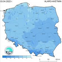 Anomalia prognozy TMIN (model ALARO, 3.04.2022) względem notowanych charakterystyk wieloletnich (1991-2020): ALARO-AVETMIN – ALARO – wartość średnia TMIN