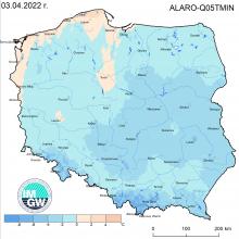 Anomalia prognozy TMIN (model ALARO, 3.04.2022) względem notowanych charakterystyk wieloletnich (1991-2020): ALARO-AVETMIN – ALARO – ALARO-Q05TMIN – ALARO – kwantyl 5% TMIN