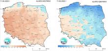 Anomalia prognozy TMAX (11.05.2022) względem notowanych charakterystyk wieloletnich (1991-2020): ALARO-AVETMAX – ALARO – wartość średnia TMAX (po lewej), ALARO-Q95TMAX – ALARO – kwantyl 95% TMAX (po prawej).