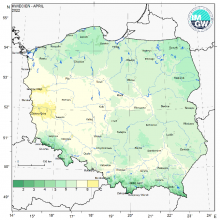 Przestrzenny rozkład średniej miesięcznej temperatury powietrza w kwietniu 2022 r.