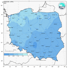 Przestrzenny rozkład anomalii średniej miesięcznej temperatury powietrza w kwietniu 2022 r. w stosunku do normy (tj. średniej miesięcznej wartości wieloletniej elementu w okresie 1991-2020).