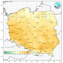 Przestrzenny rozkład wartości kwantyla 95% maksymalnej temperatury powietrza (po lewej) i kwantyla 5% minimalnej temperatury powietrza (po prawej) w kwietniu 2022 r.