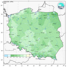 Zmienność średniej dobowej obszarowej temperatury powietrza w Polsce od 1 stycznia 2022 r. na tle wartości wieloletnich (1991-2020).