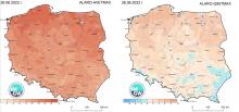 Anomalia prognozy TMAX (26.06.2022) względem notowanych charakterystyk wieloletnich (1991-2020): ALARO-AVETMAX – ALARO – wartość średnia TMAX (po lewej), ALARO-Q95TMAX – ALARO – kwantyl 95% TMAX (po prawej).