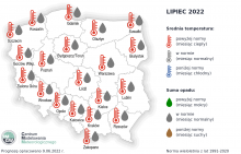 Prognoza średniej miesięcznej temperatury powietrza i miesięcznej sumy opadów atmosferycznych na lipiec 2022 r. dla wybranych miast w Polsce.