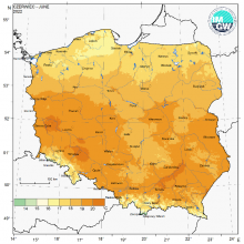 Przestrzenny rozkład średniej miesięcznej temperatury powietrza w czerwcu 2022 r.