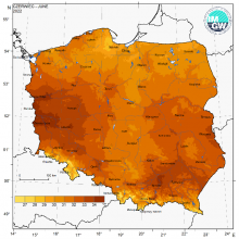 Przestrzenny rozkład wartości kwantyla 95% maksymalnej temperatury powietrza w czerwcu 2022 r.