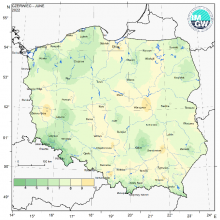 Przestrzenny rozkład wartości kwantyla 5% minimalnej temperatury powietrza w czerwcu 2022 r.