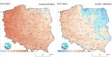 Anomalia prognozy TMAX (20.07.2022) względem notowanych charakterystyk wieloletnich (1991-2020): ALARO-AVETMAX – ALARO – wartość średnia TMAX (po lewej), ALARO-Q95TMAX – ALARO – kwantyl 95% TMAX (po prawej).