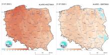 Anomalia prognozy TMAX (21.07.2022) względem notowanych charakterystyk wieloletnich (1991-2020): ALARO-AVETMAX – ALARO – wartość średnia TMAX (po lewej), ALARO-Q95TMAX – ALARO – kwantyl 95% TMAX (po prawej).