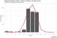 Wyładowania doziemne w Polsce w rozbiciu na miesiące w roku 2022