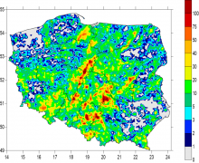 Liczba wyładowań doziemnych na 25 km2 – suma dla czerwca 2022 roku.