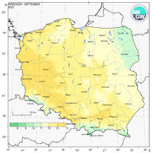 Przestrzenny rozkład średniej miesięcznej temperatury powietrza we wrześniu 2022 r.