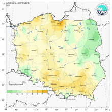 Przestrzenny rozkład wartości kwantyla minimalnej temperatury powietrza we wrześniu 2022 r.