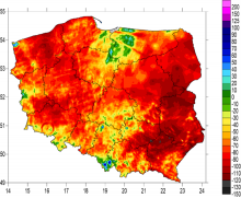 Sumy miesięczne klimatycznego bilansu wodnego w czerwcu 2022 roku (szacowane na podstawie danych z obserwacji naziemnych, radarów meteorologicznych i danych satelitarnych).