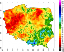 Sumy miesięczne klimatycznego bilansu wodnego w lipcu 2022 roku (szacowane na podstawie danych z obserwacji naziemnych, radarów meteorologicznych i danych satelitarnych).