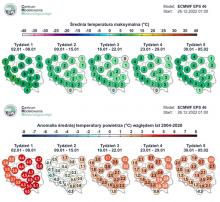 Średnia temperatura maksymalna i anomalia temperatury powietrza w Polsce na początku 2023 r.