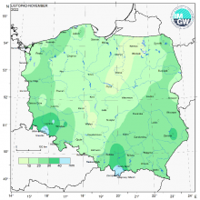 Przestrzenny rozkład miesięcznej sumy opadów w listopadzie 2022 r. (tj. średniej miesięcznej wartości wieloletniej elementu w okresie 1991-2020).