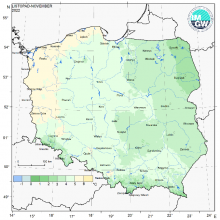 Przestrzenny rozkład średniej miesięcznej temperatury powietrza w listopadzie 2022 r.