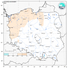 Przestrzenny rozkład anomalii średniej miesięcznej temperatury powietrza w listopadzie 2022 r. w stosunku do normy (tj. średniej miesięcznej wartości wieloletniej elementu w okresie 1991-2020).