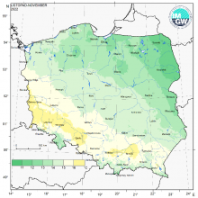 Przestrzenny rozkład wartości kwantyla 95% maksymalnej temperatury powietrza w listopadzie 2022 r.