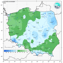 Przestrzenny rozkład wartości kwantyla 5% minimalnej temperatury powietrza w listopadzie 2022 r.