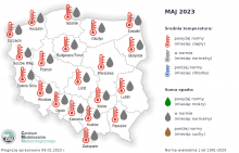 Prognoza średniej miesięcznej temperatury powietrza i miesięcznej sumy opadów atmosferycznych na maj 2023 r. dla wybranych miast w Polsce.