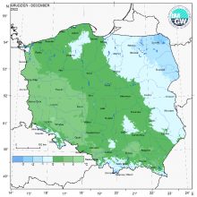 Przestrzenny rozkład średniej miesięcznej temperatury powietrza w grudniu 2022 r.