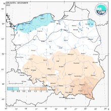 Przestrzenny rozkład anomalii średniej miesięcznej temperatury powietrza w grudniu 2022 r. w stosunku do normy (tj. średniej miesięcznej wartości wieloletniej elementu w okresie 1991-2020).