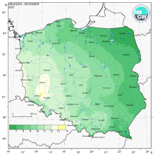 Przestrzenny rozkład wartości kwantyla 95% maksymalnej temperatury powietrza w grudniu 2022 r.