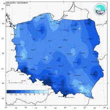 Przestrzenny rozkład wartości kwantyla 5% minimalnej temperatury powietrza w grudniu 2022 r.