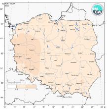 Przestrzenny rozkład anomalii średniej rocznej temperatury powietrza w 2022 r. w stosunku do normy (tj. średniej wartości wieloletniej elementu w okresie 1991-2020).