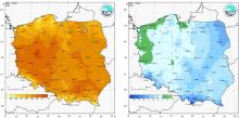 Przestrzenny rozkład wartości kwantyla 95% maksymalnej temperatury powietrza (po lewej) i kwantyla 5% minimalnej temperatury powietrza (po prawej) w 2022 r.