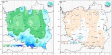 Przestrzenny rozkład rocznej sumy opadów w 2022 r. oraz przestrzenny rozkład anomalii sumy opadów w stosunku do normy (tj. średniej miesięcznej wartości wieloletniej elementu w okresie 1991-2020).