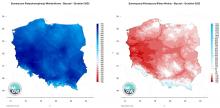 Przestrzenny rozkład rocznej sumy parowania potencjalnego (ewapotranspiracji wskaźnikowej) oraz Klimatycznego Bilansu Wodnego w 2022 r. (w mm).